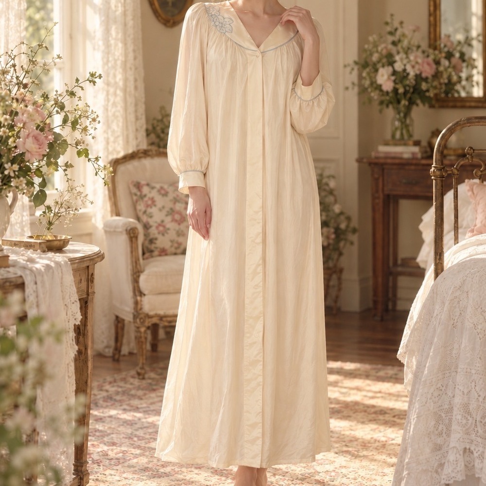 Vintage Shadowline Nightgown House Coat Cream Blue Floral Nylon Small USA D1